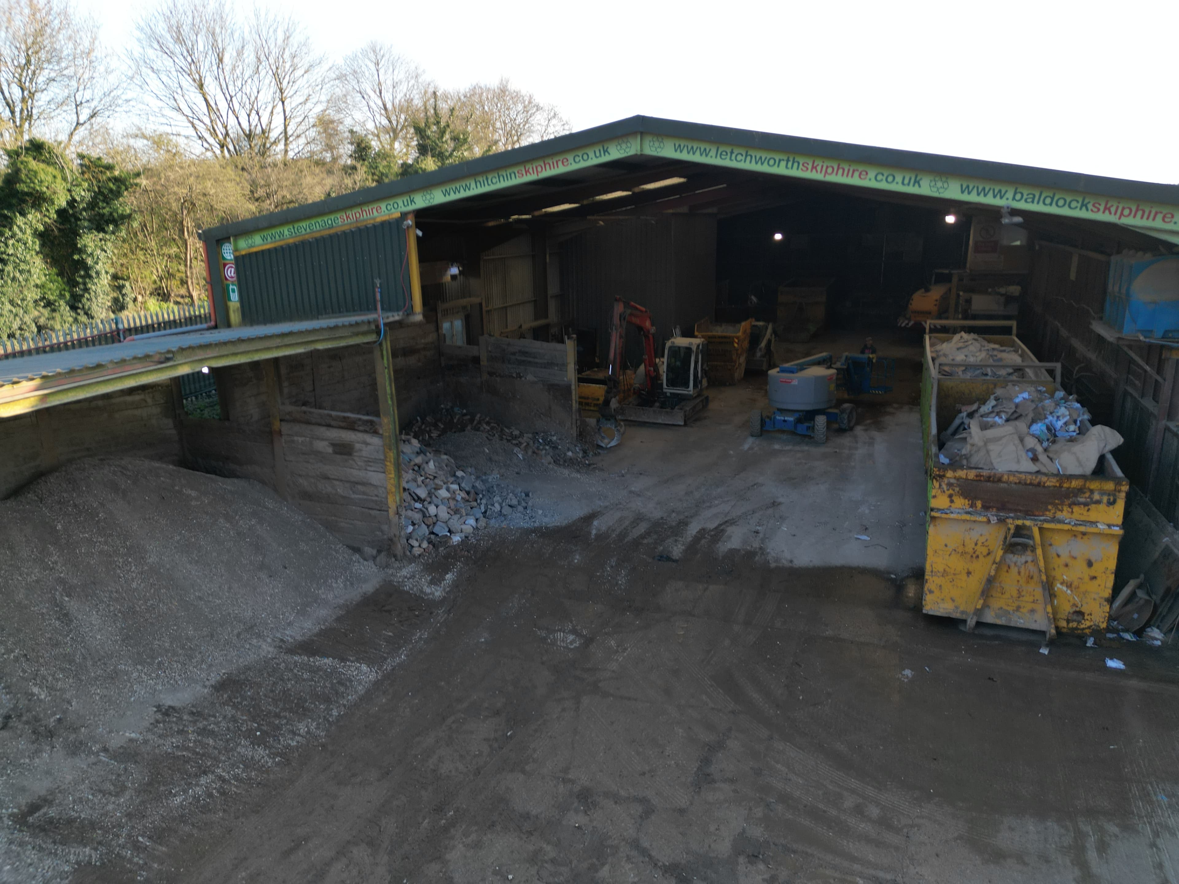 Aerial flyover of the Stevenage Skip Hire yard
